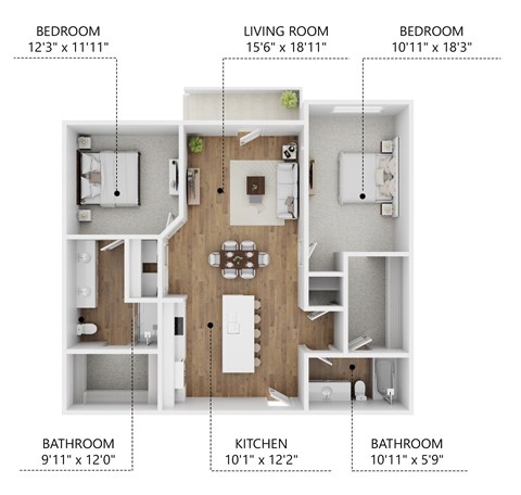 Floor plan for 2 beds, 2 baths, 1130 sqft